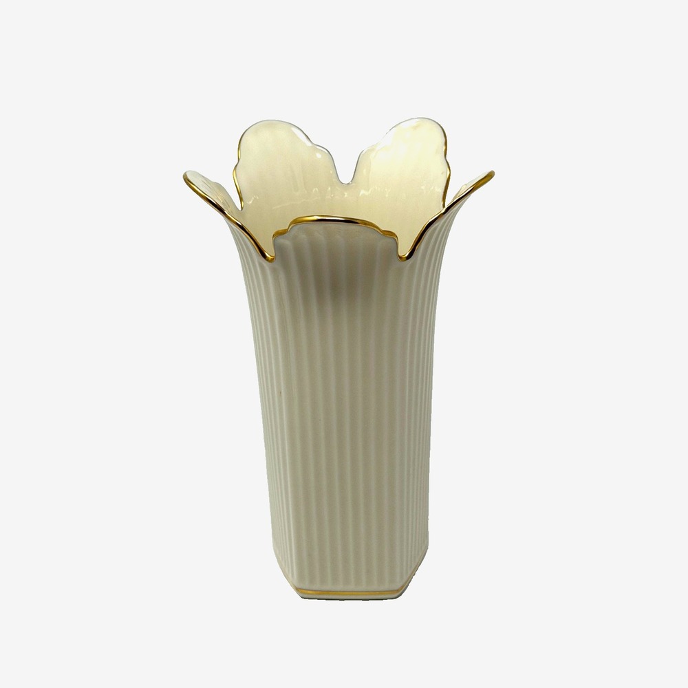 Lenox Meridian Collection Small Vase 8in Ivory Ribbed Flared Gold Trim USA